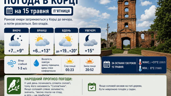 Погода в Корці на 15 травня